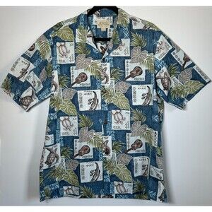 Royal Hawaiian Creations Shirt Mens Large Blue Tapa‎ Turtle Leaf Made in Hawaii